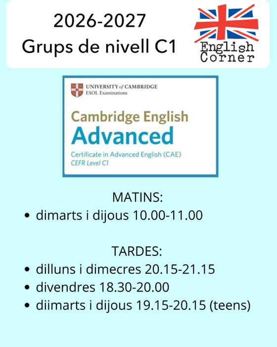 MATRÍCULA OBERTA Encara ets a temps de matricular-te! Informació: 606 916 483 (Whatsapp) englishcorner@telefonica.net